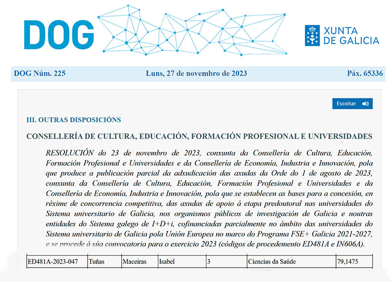 Captura DOG de la resolucion predoctorales Xunta 2023