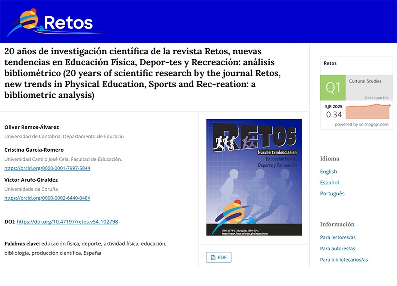 Captura pantalla de la revista RETOS con la publicación del artículo