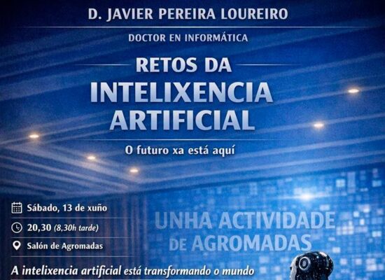 Cartel anuncioador de la charla con el titulo y un fondo azul con un robot